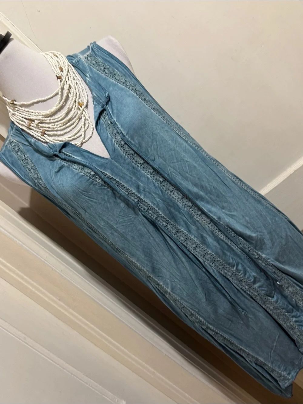 Umgee Light Blue Sleeveless Denim-Style Dress with Lace Trim